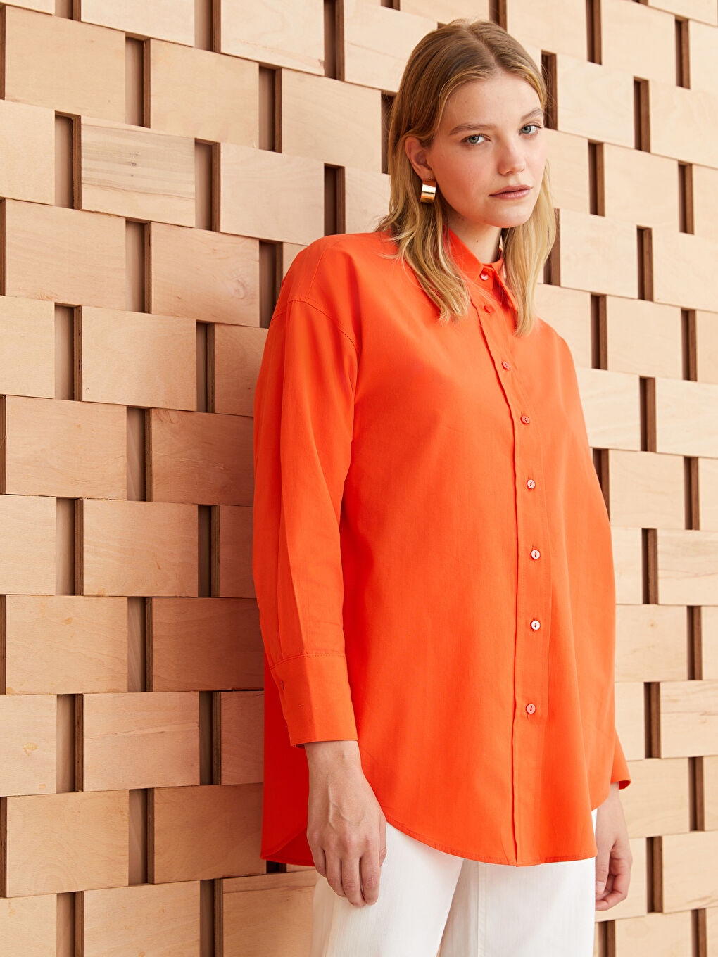 Turuncu Düz Uzun Kollu Oversize Poplin Kadın Gömlek Tunik