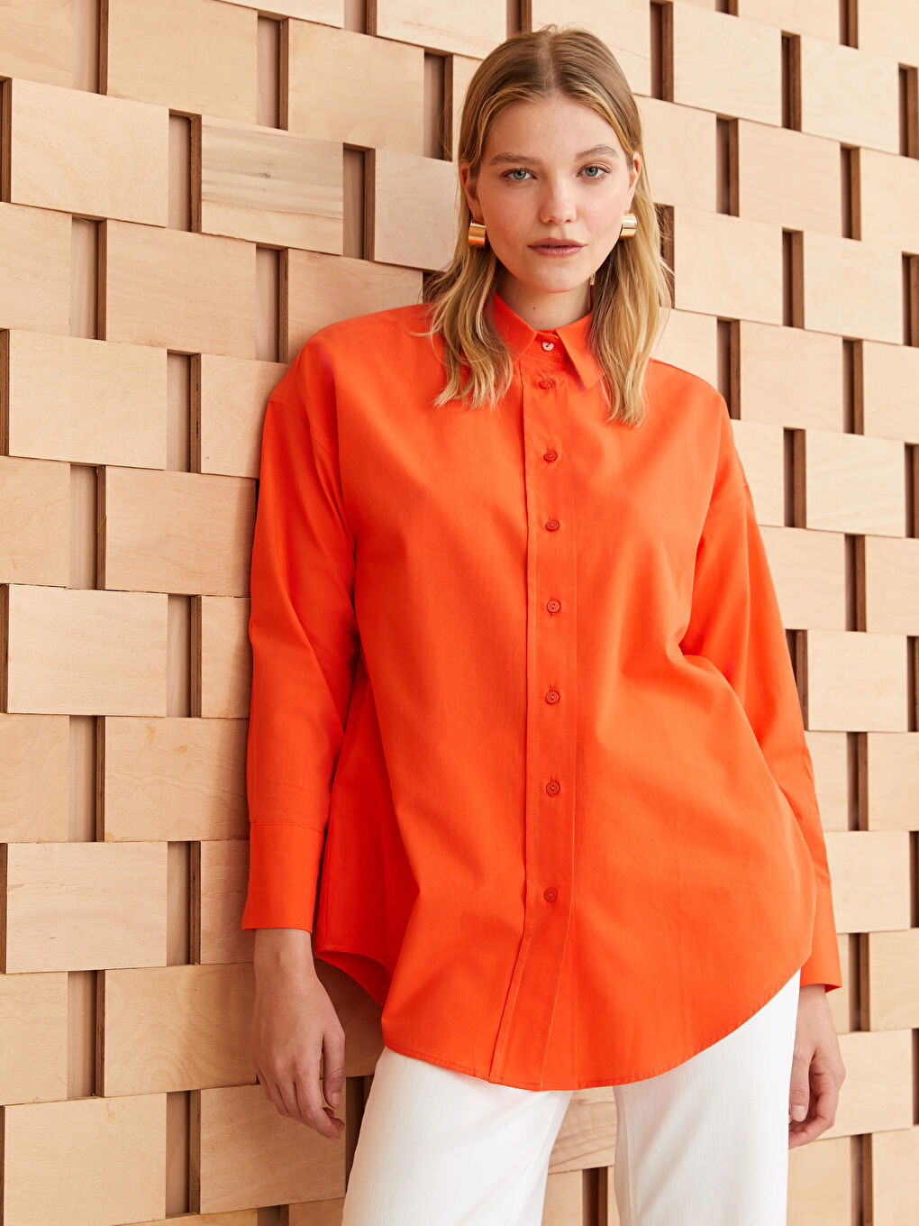 Turuncu Düz Uzun Kollu Oversize Poplin Kadın Gömlek Tunik-1