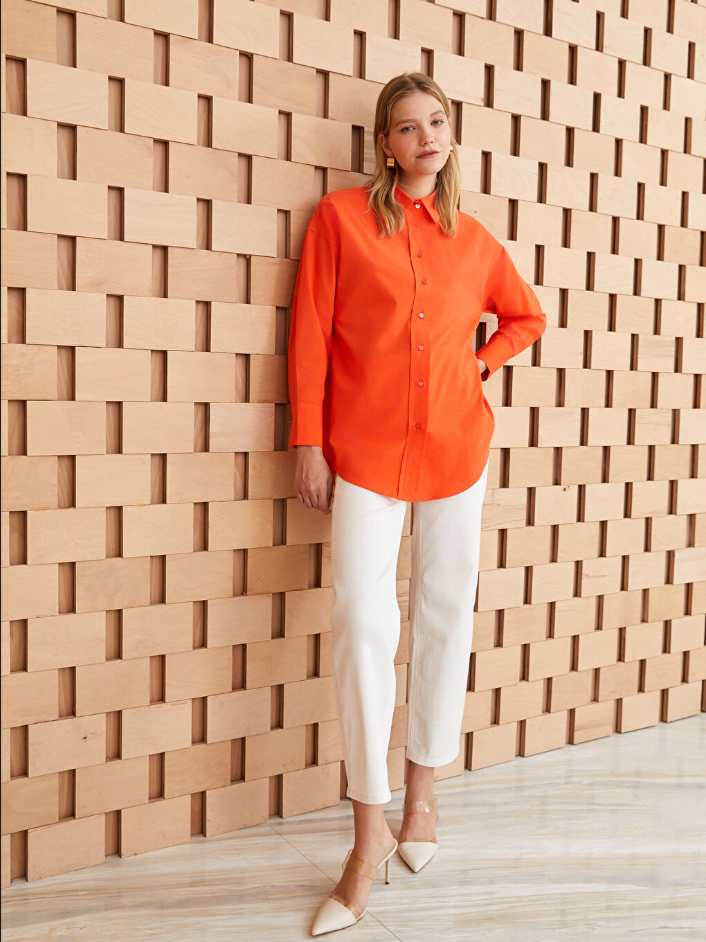 Turuncu Düz Uzun Kollu Oversize Poplin Kadın Gömlek Tunik-2