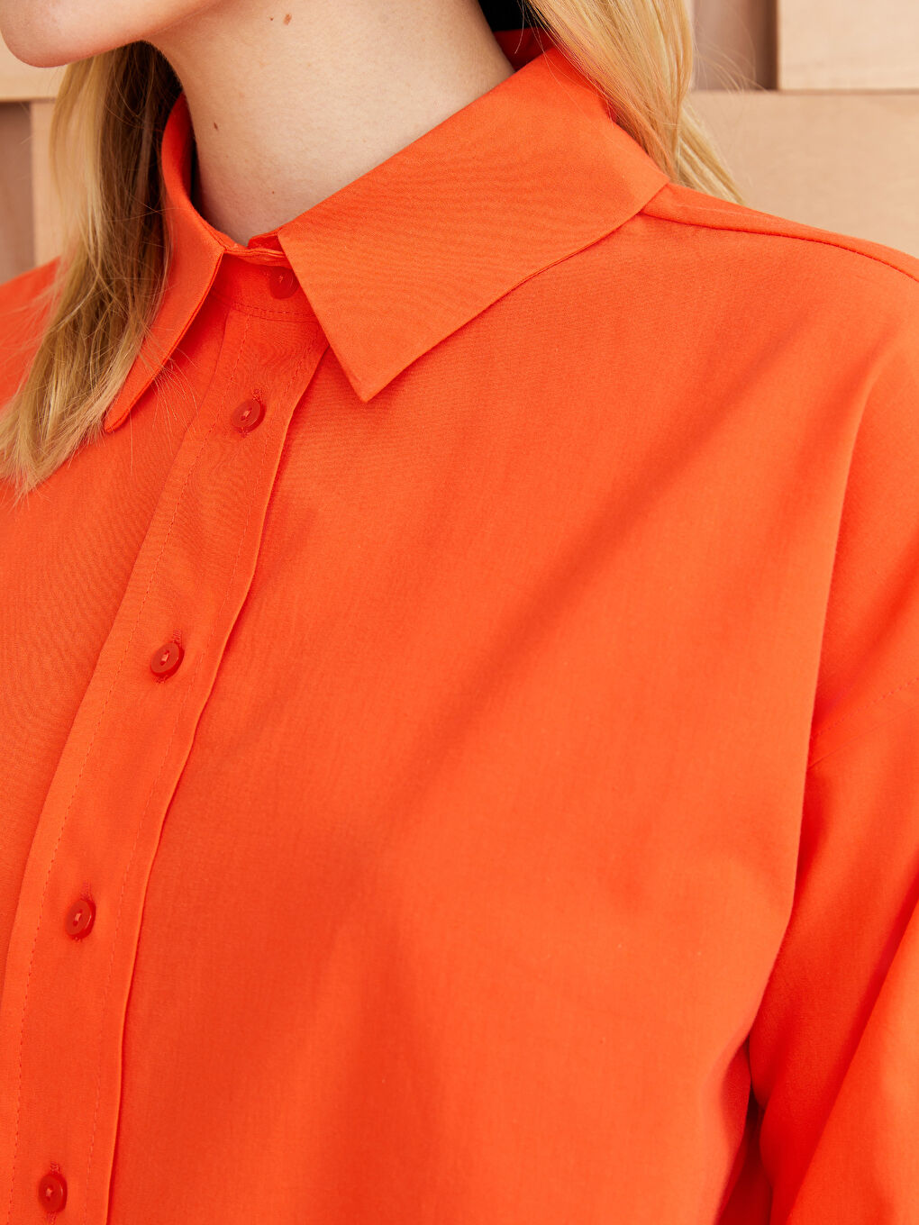 Turuncu Düz Uzun Kollu Oversize Poplin Kadın Gömlek Tunik-3