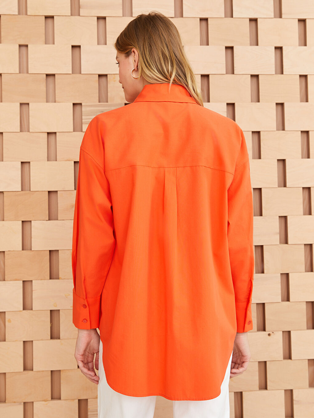 Turuncu Düz Uzun Kollu Oversize Poplin Kadın Gömlek Tunik-4
