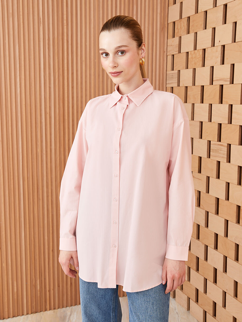 Plain Long Sleeve Oversize Poplin Women's Shirt Tunic-1