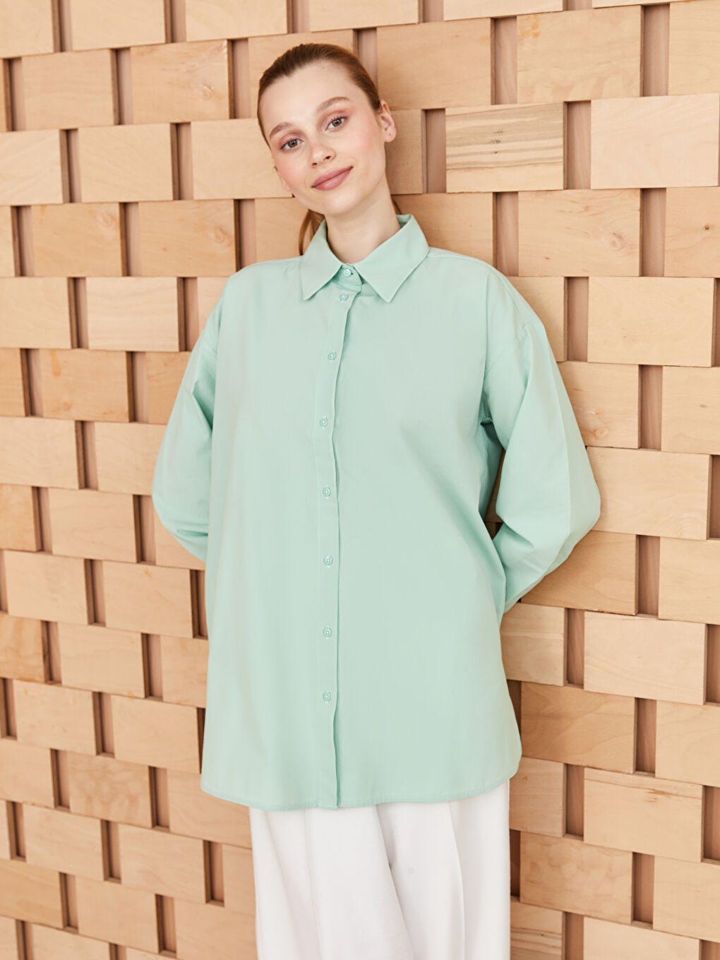 Yeşil Düz Uzun Kollu Oversize Poplin Kadın Gömlek Tunik