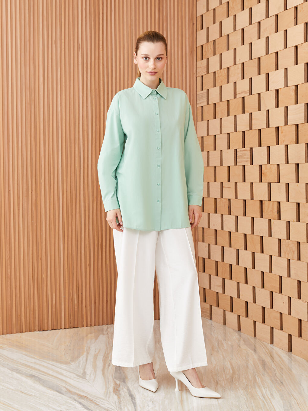 Yeşil Düz Uzun Kollu Oversize Poplin Kadın Gömlek Tunik-2