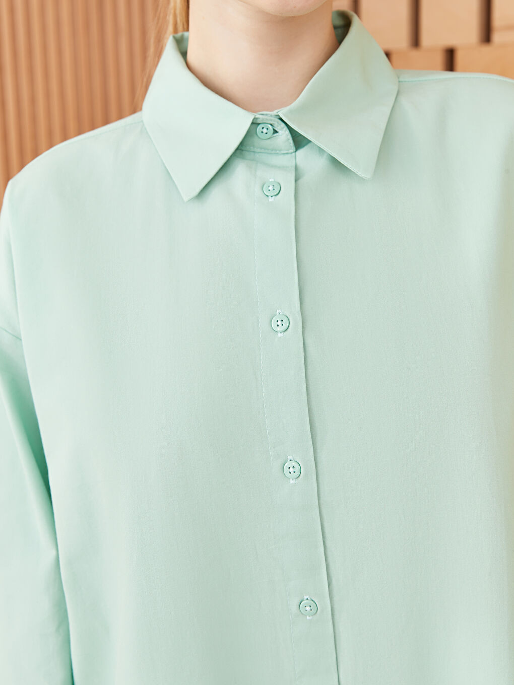 Yeşil Düz Uzun Kollu Oversize Poplin Kadın Gömlek Tunik-3