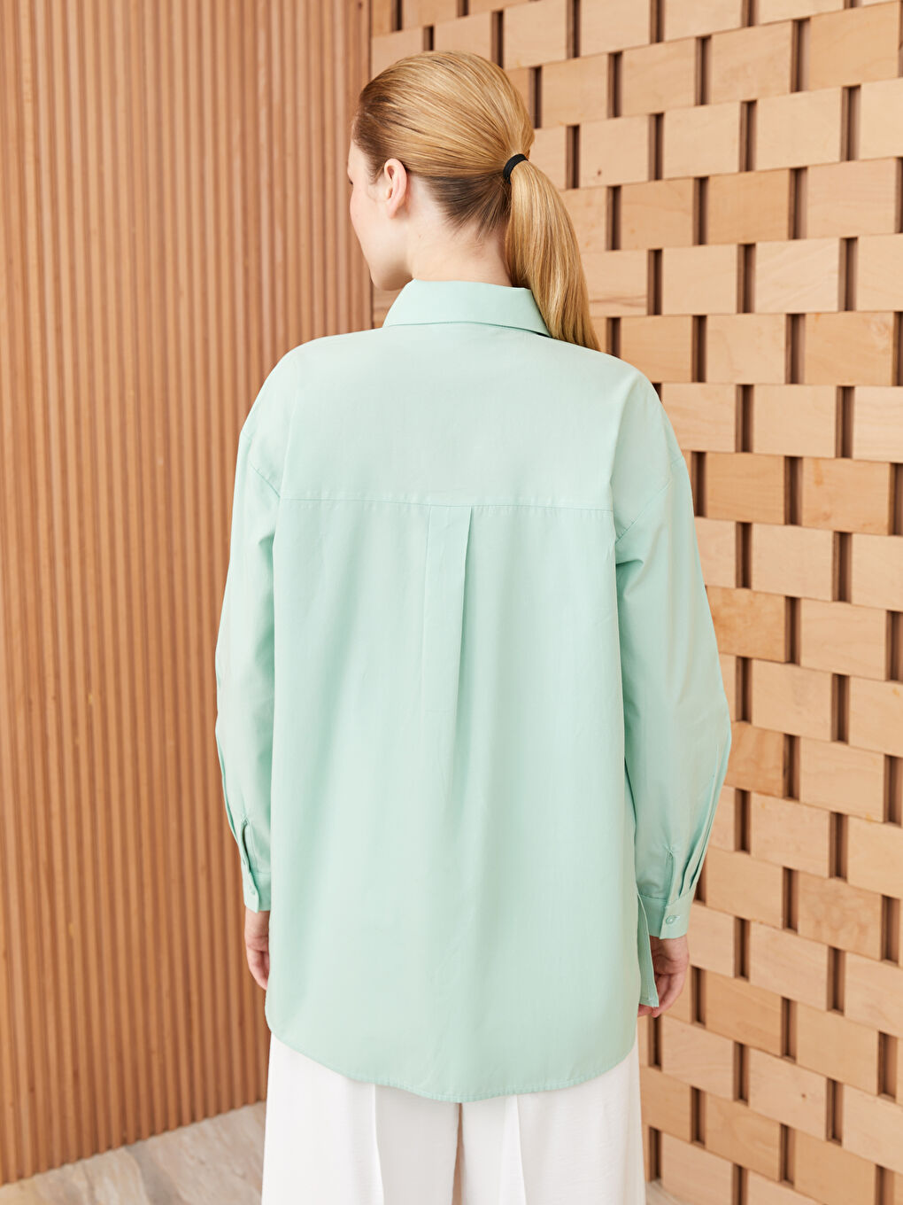 Yeşil Düz Uzun Kollu Oversize Poplin Kadın Gömlek Tunik-4