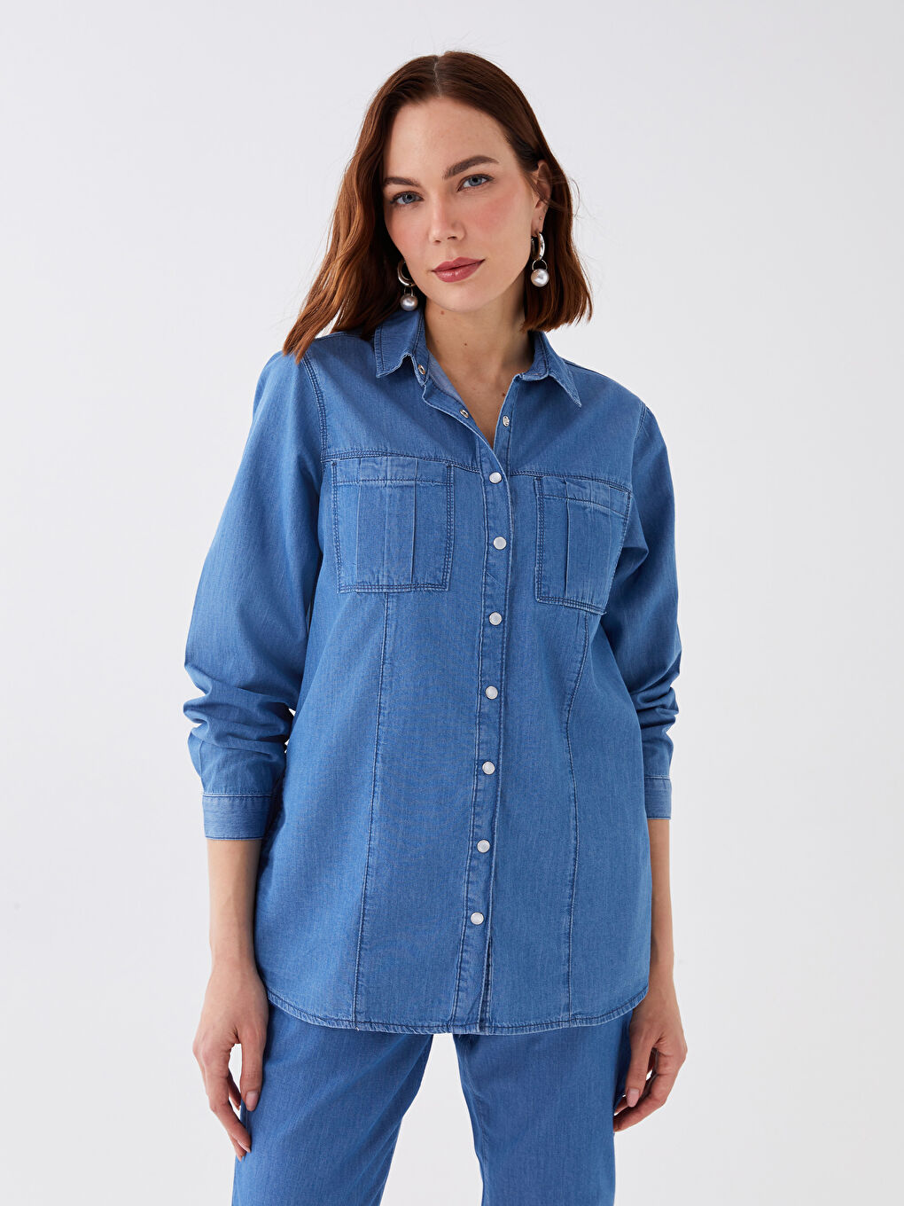 Collared Neck Plain Long Sleeve Women's Denim Tunic