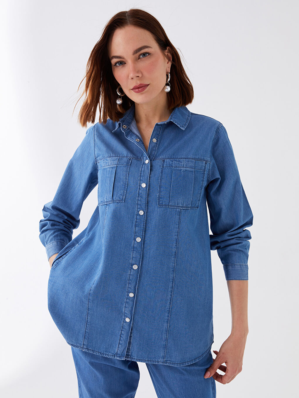 Collared Neck Plain Long Sleeve Women's Denim Tunic-1