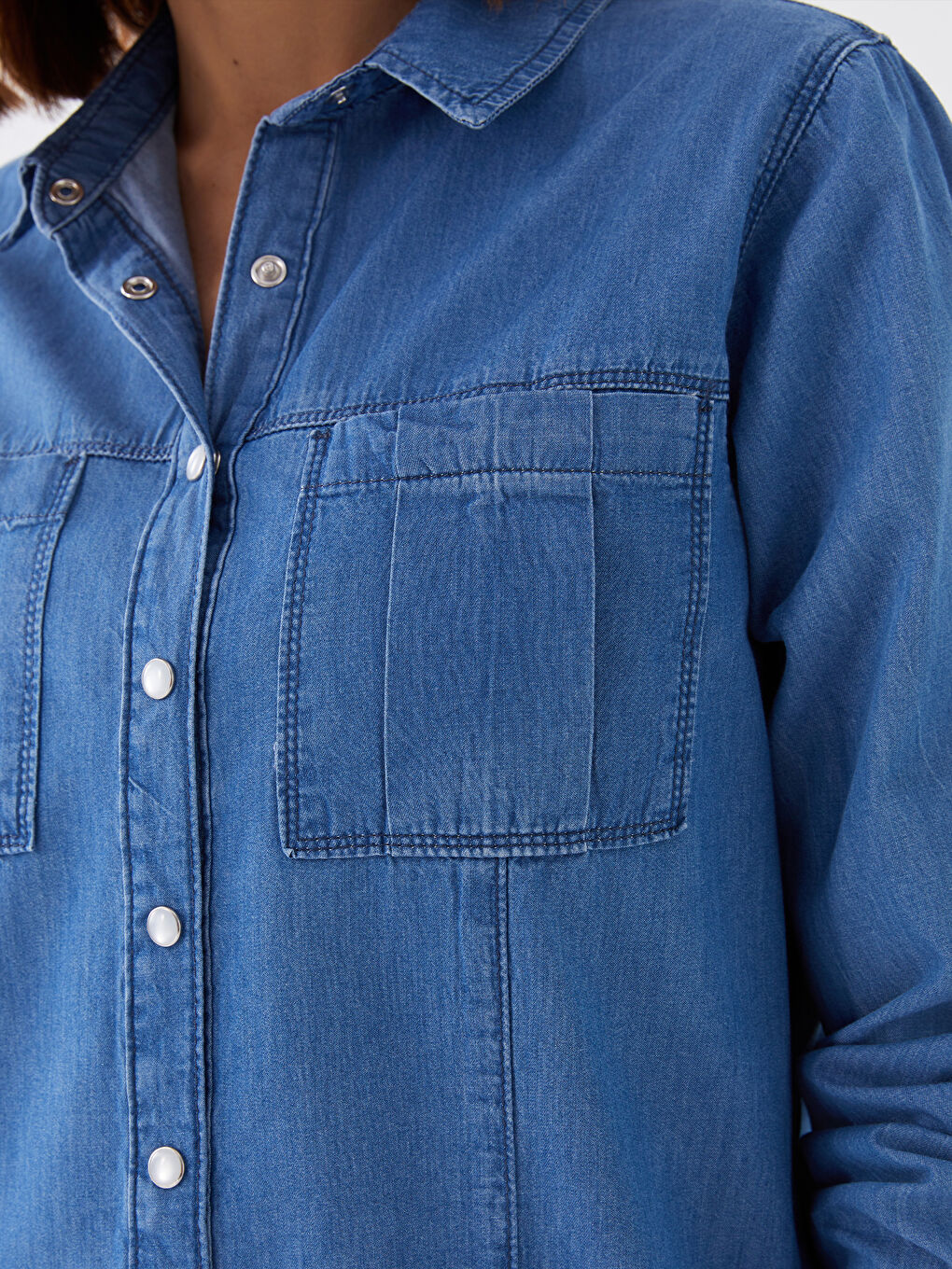 Collared Neck Plain Long Sleeve Women's Denim Tunic-3