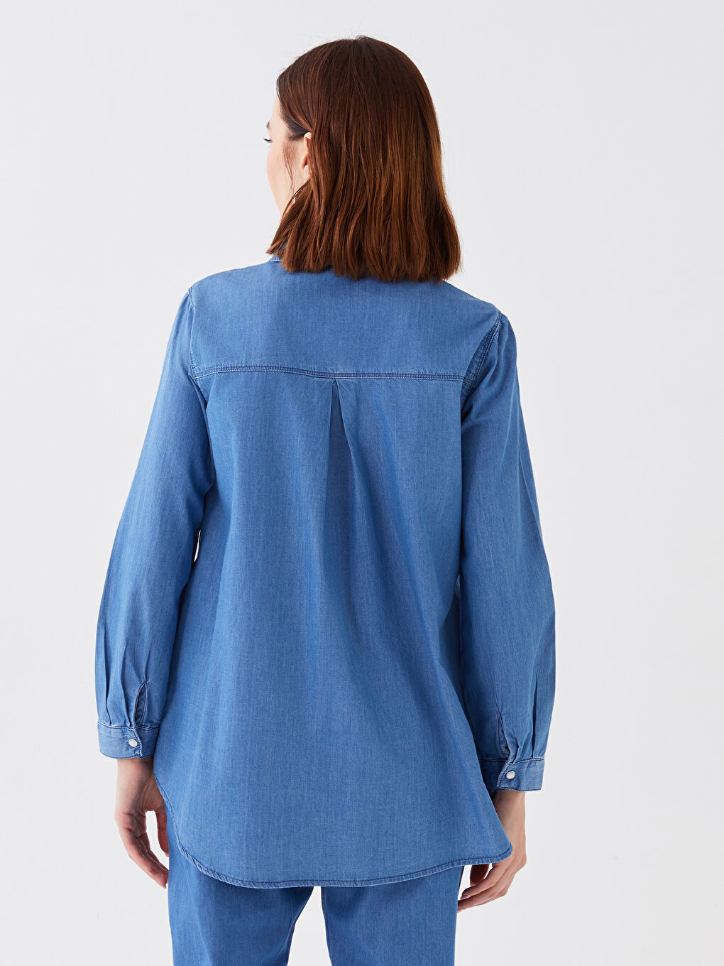 Collared Neck Plain Long Sleeve Women's Denim Tunic-4