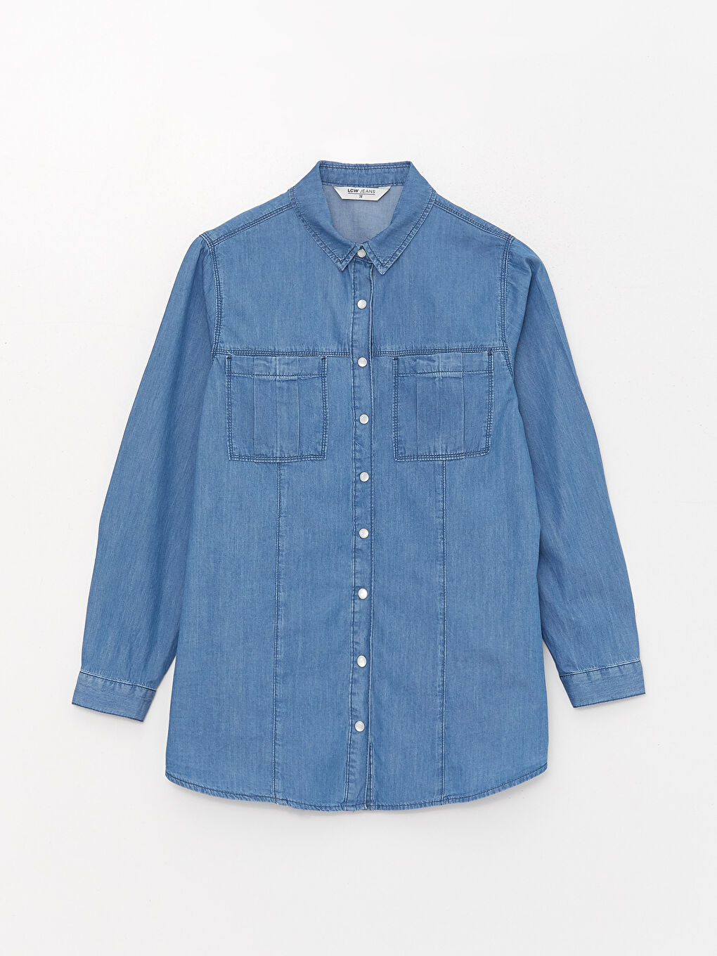 Collared Neck Plain Long Sleeve Women's Denim Tunic-5