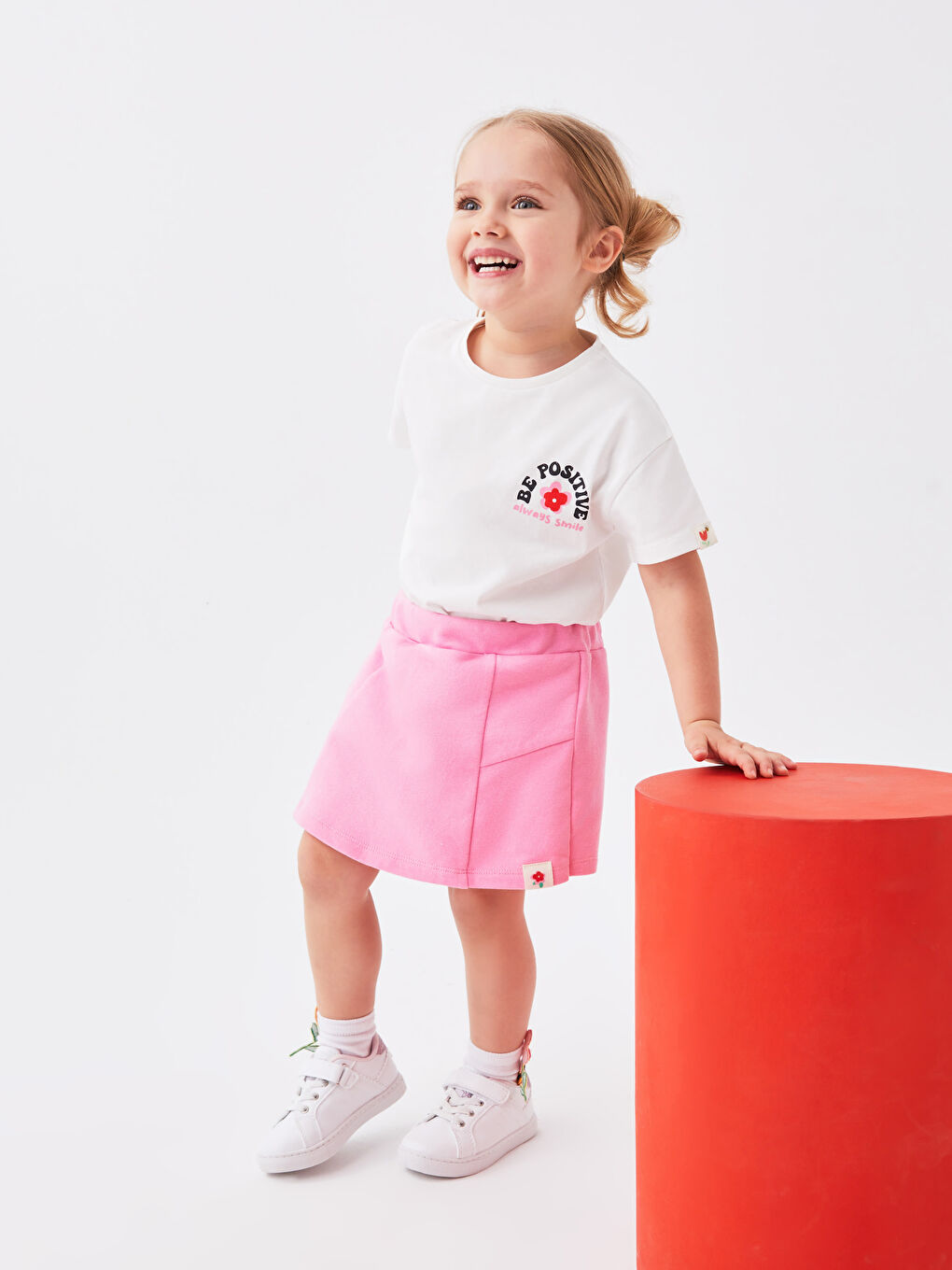 Ekru Bisiklet Yaka Kısa Kollu Baskılı Kız Bebek Tişört-2