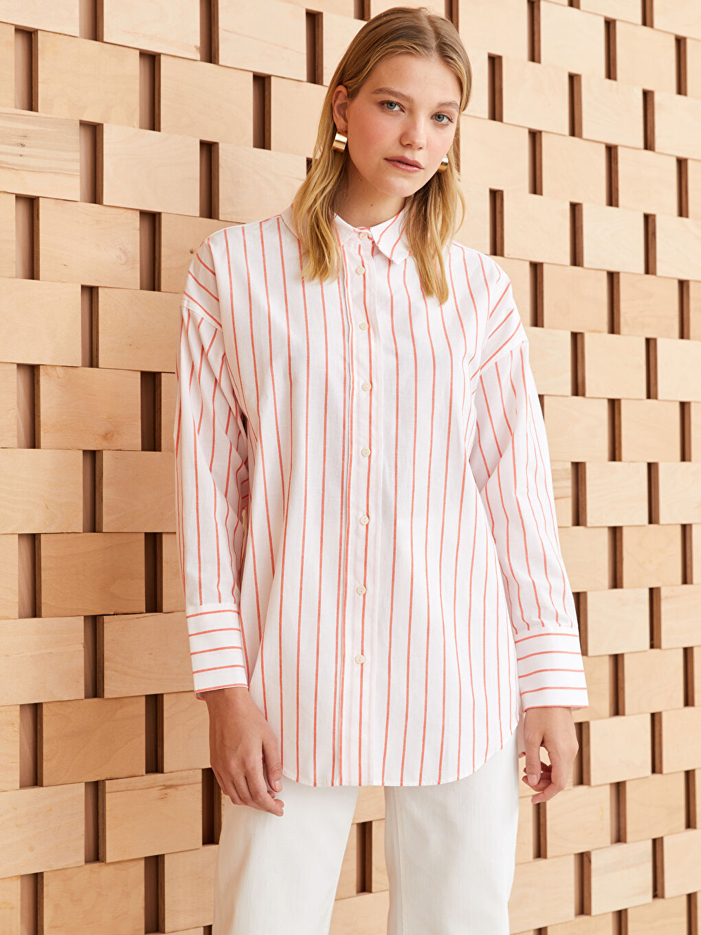 Striped Long Sleeve Oversize Poplin Women's Shirt Tunic-1