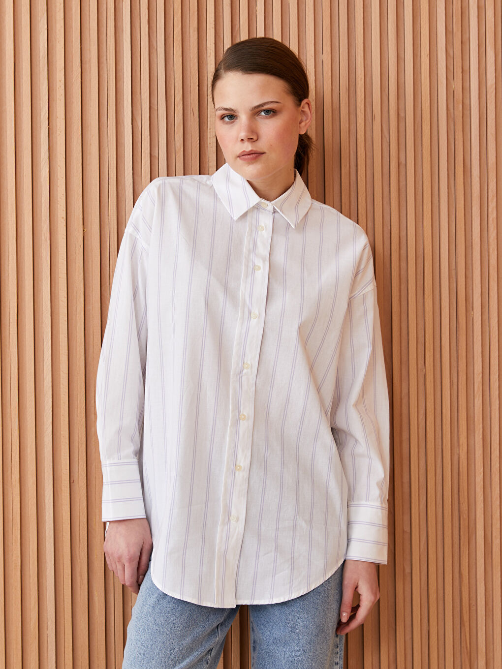 Mor Çizgili Uzun Kollu Oversize Poplin Kadın Gömlek Tunik