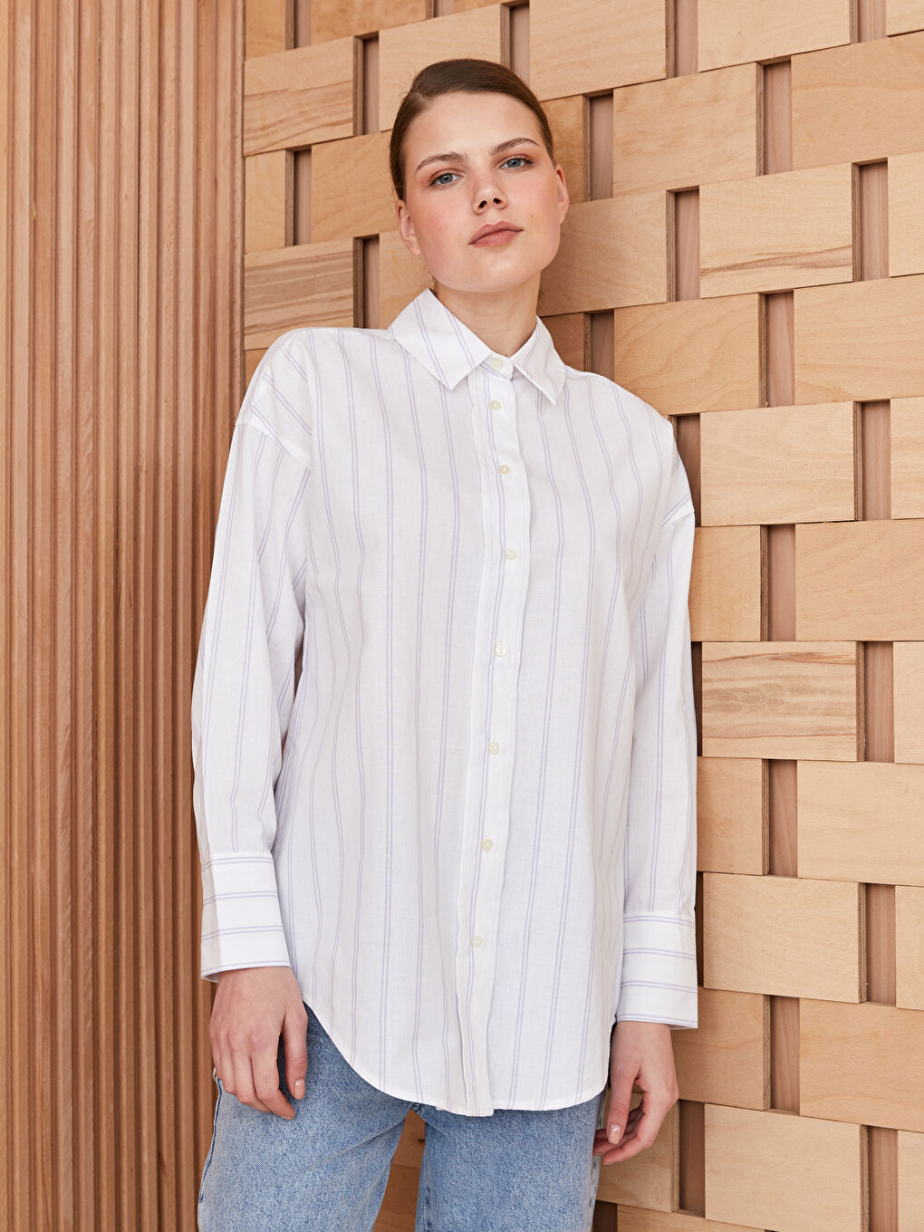 Mor Çizgili Uzun Kollu Oversize Poplin Kadın Gömlek Tunik-1