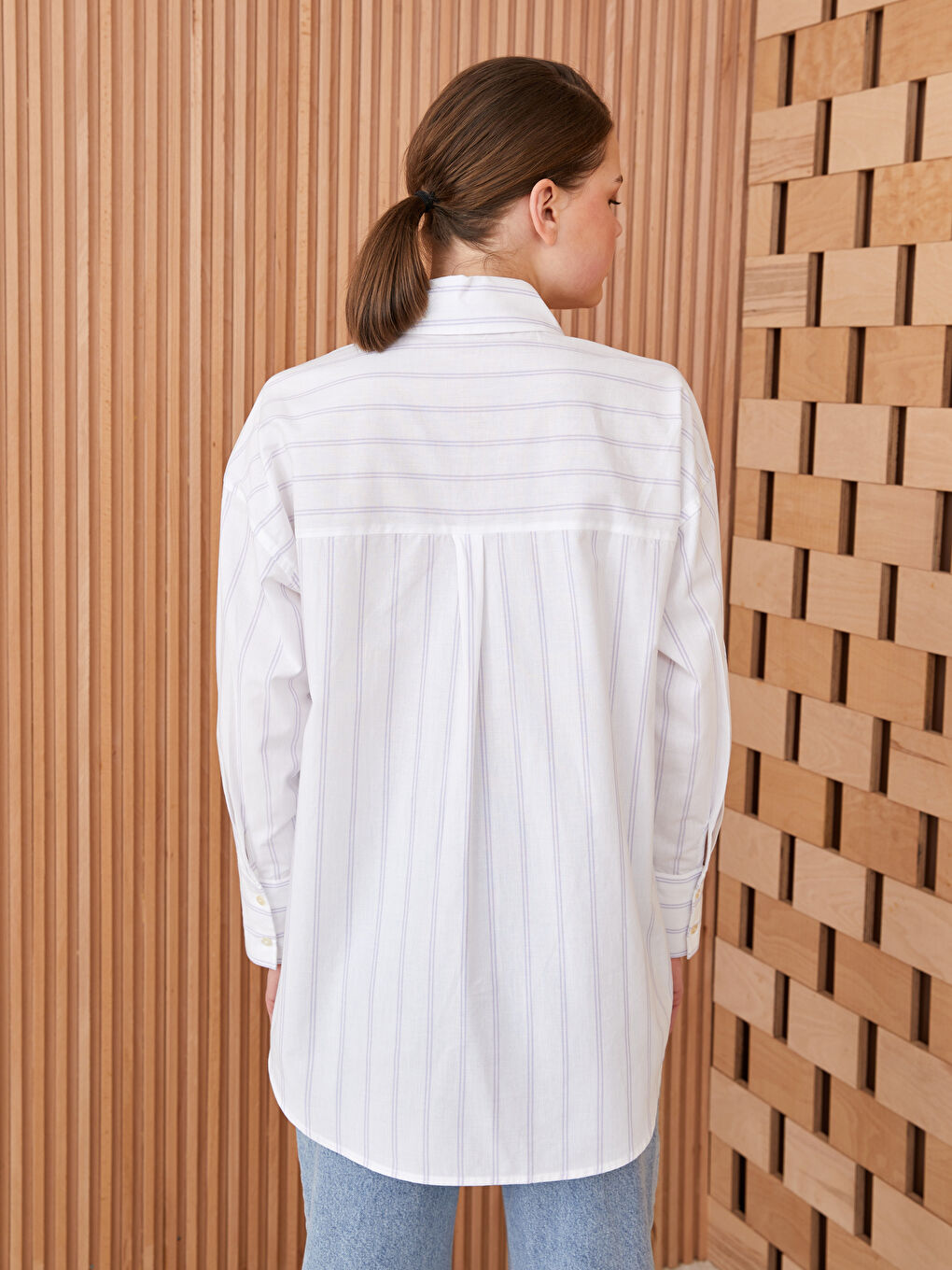 Mor Çizgili Uzun Kollu Oversize Poplin Kadın Gömlek Tunik-4