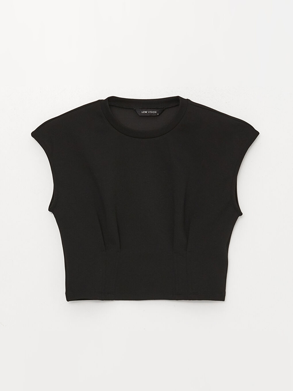 Siyah Bisiklet Yaka Düz Kısa Kollu Crop Kadın Tişört-5