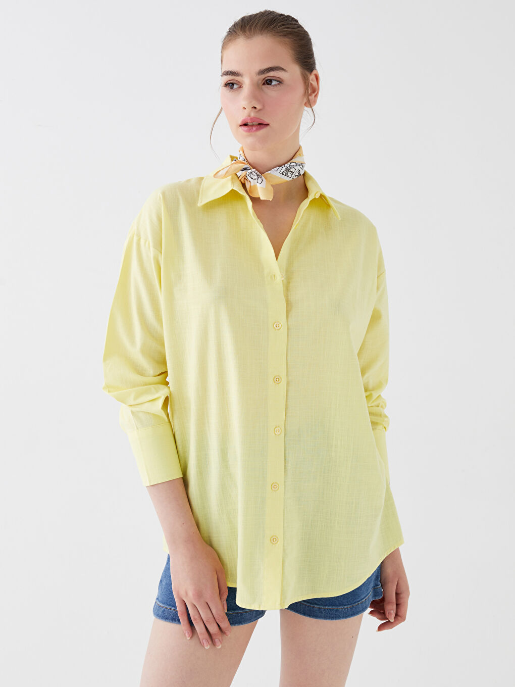 Sarı Düz Uzun Kollu Oversize Keten Görünümlü Kadın Gömlek Tunik