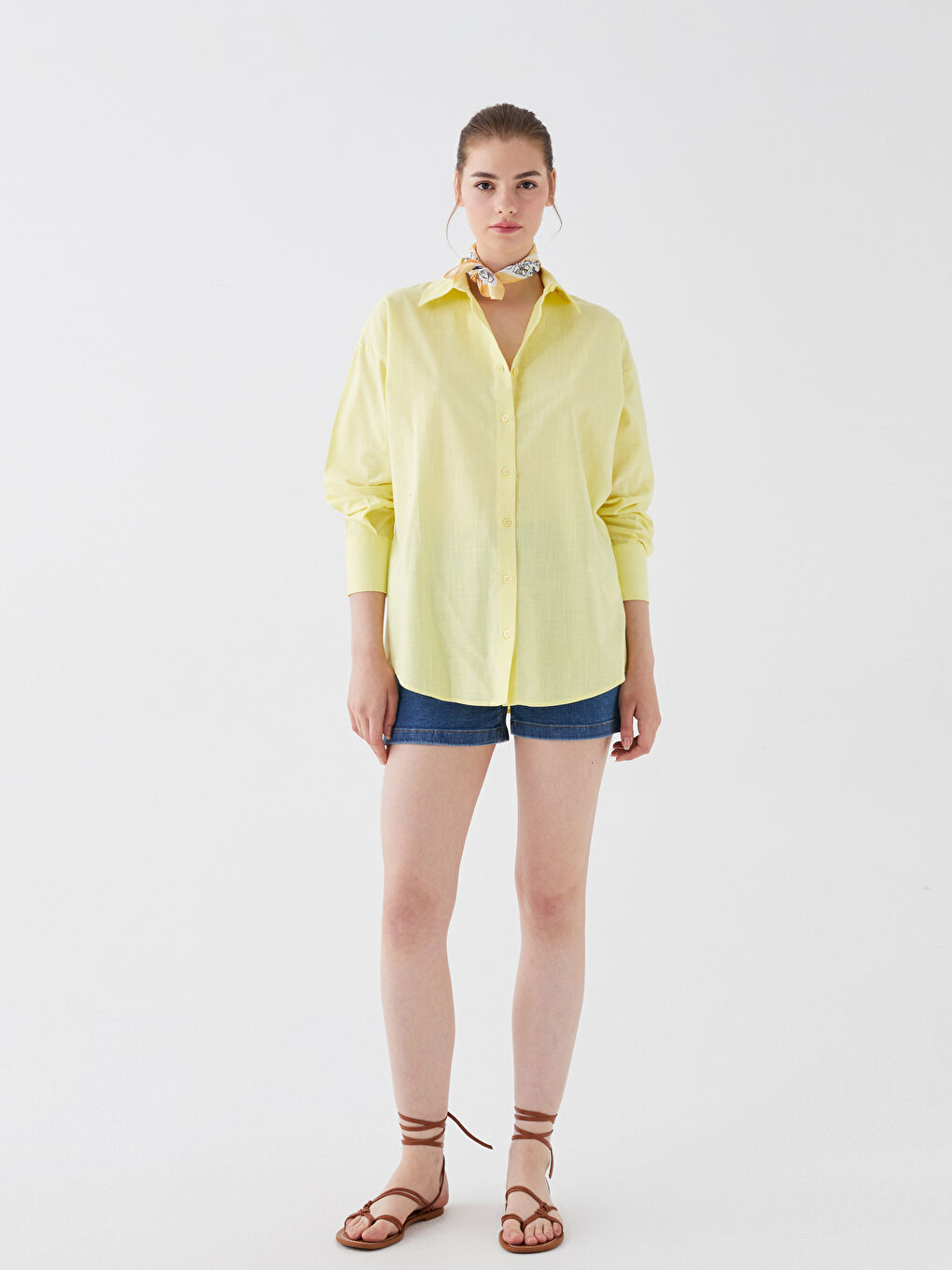 Sarı Düz Uzun Kollu Oversize Keten Görünümlü Kadın Gömlek Tunik-1