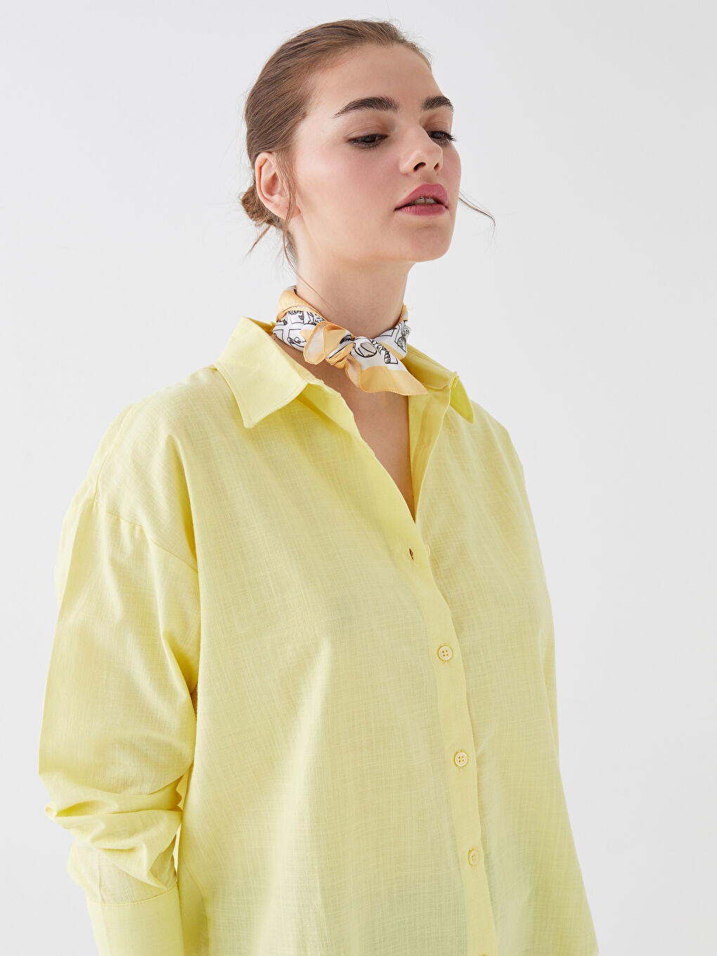 Sarı Düz Uzun Kollu Oversize Keten Görünümlü Kadın Gömlek Tunik-2