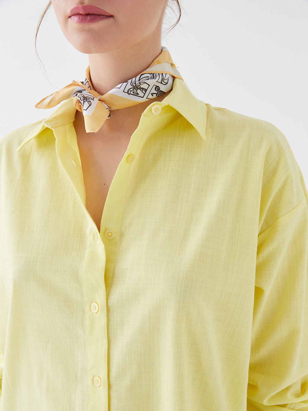 Sarı Düz Uzun Kollu Oversize Keten Görünümlü Kadın Gömlek Tunik-3