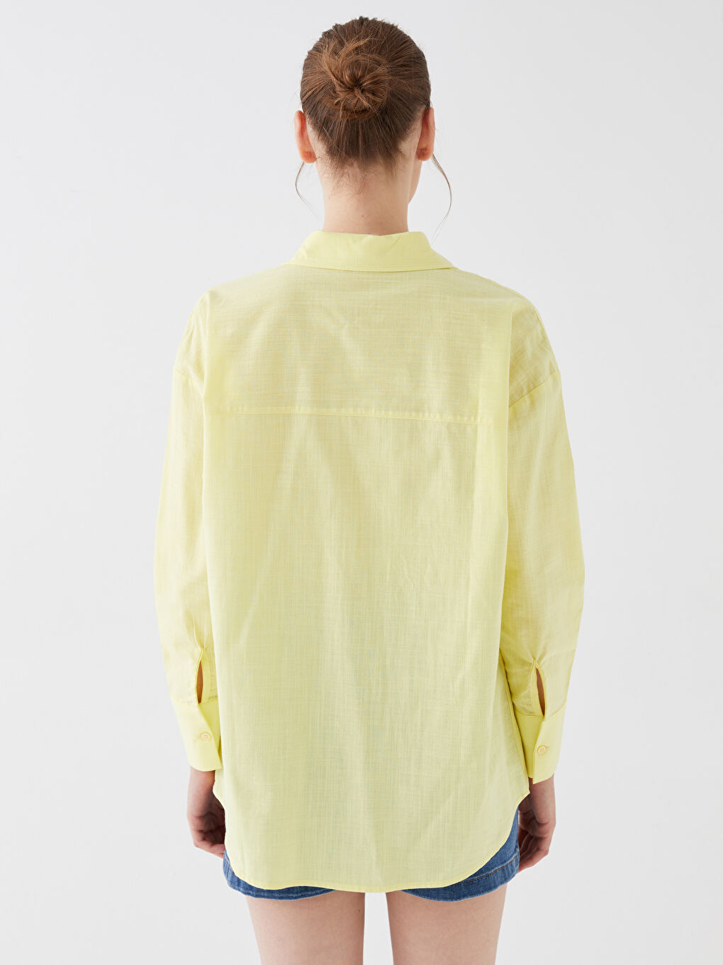 Sarı Düz Uzun Kollu Oversize Keten Görünümlü Kadın Gömlek Tunik-4