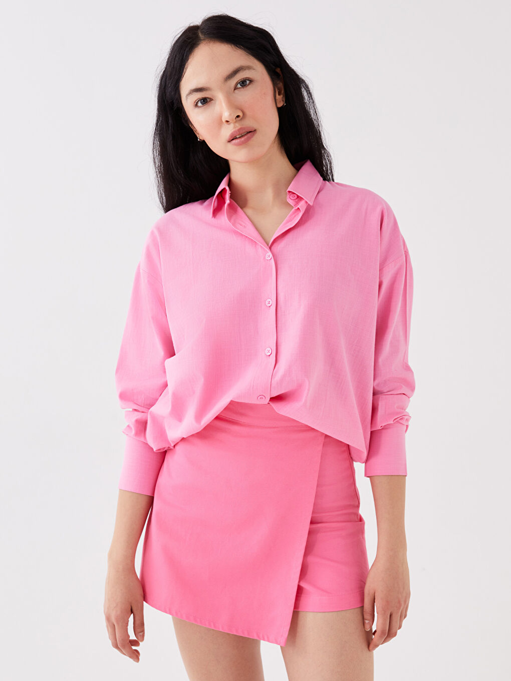 Pembe Düz Uzun Kollu Oversize Keten Görünümlü Kadın Gömlek Tunik