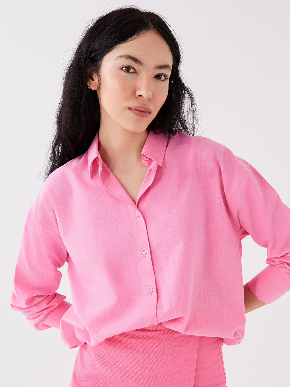 Pembe Düz Uzun Kollu Oversize Keten Görünümlü Kadın Gömlek Tunik-1
