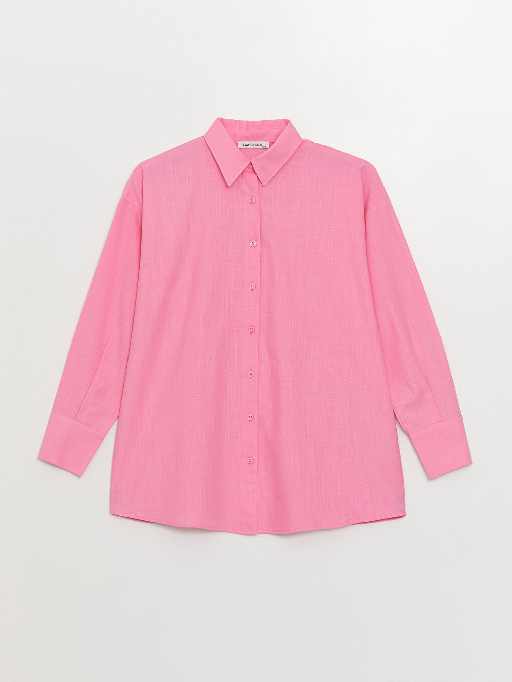Pembe Düz Uzun Kollu Oversize Keten Görünümlü Kadın Gömlek Tunik-5