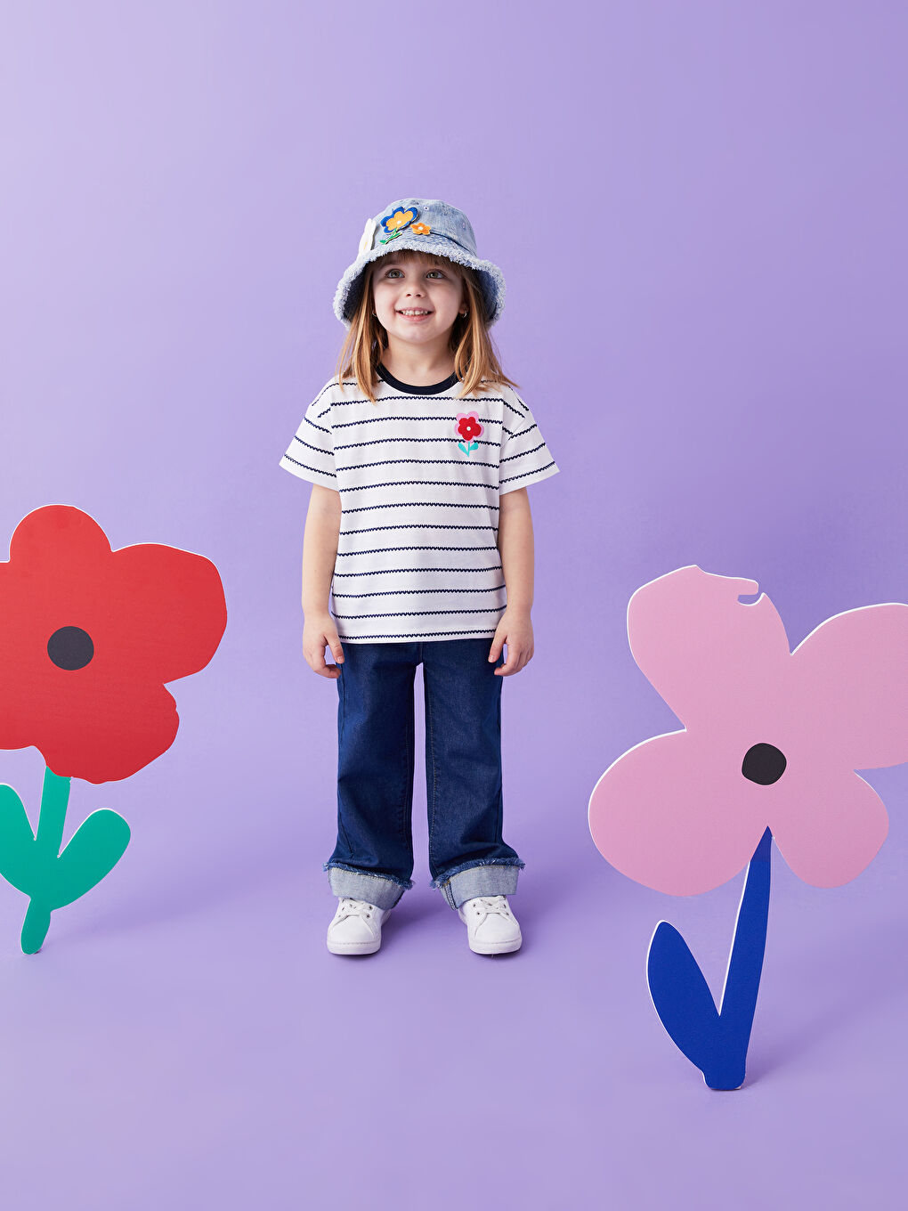 Mavi Nakışlı Kız Bebek Jean Pantolon Anne Kız Kombini