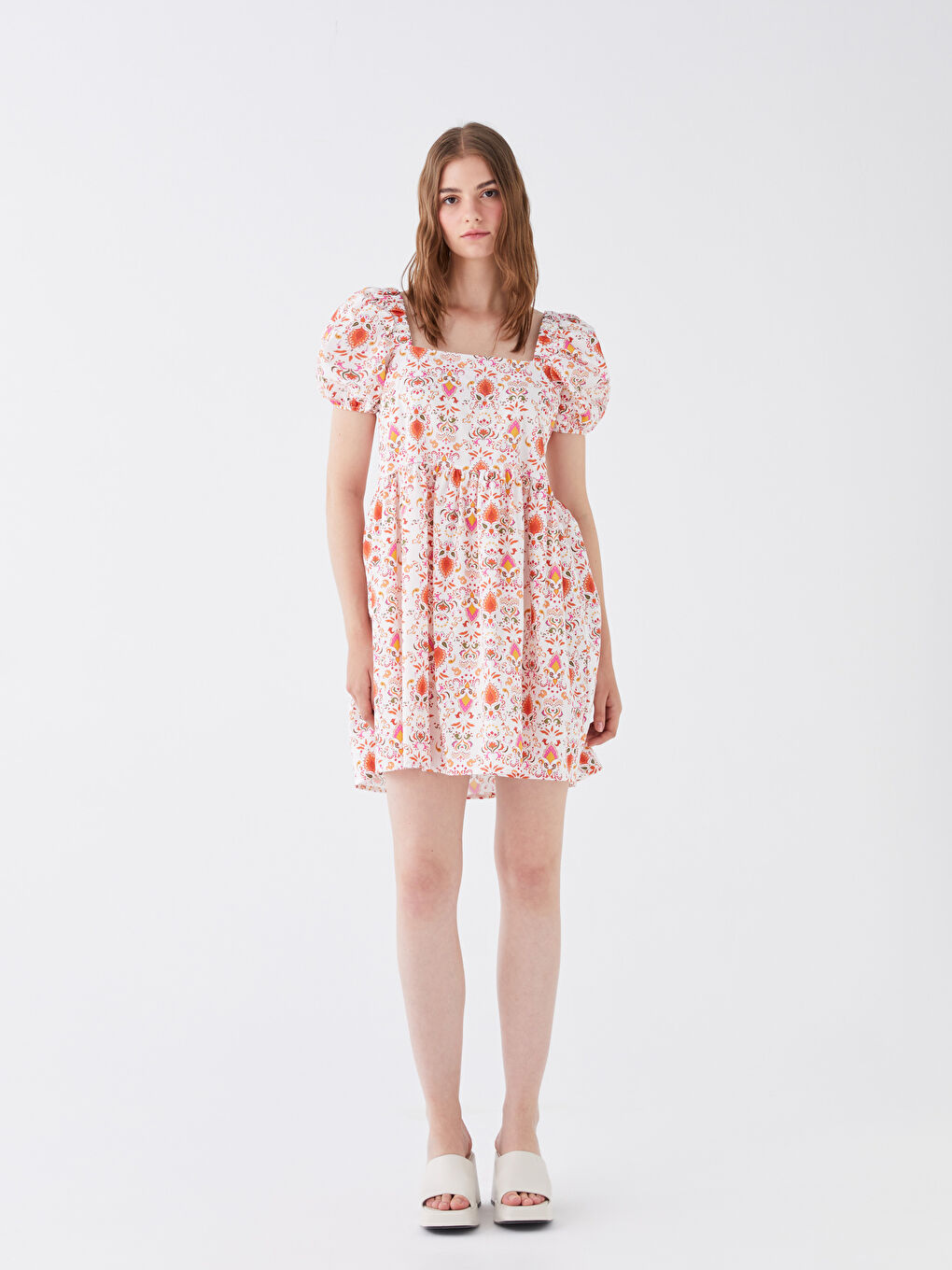 Square Neck Patterned Balloon Sleeve Poplin Women's Dress -S3HB69Z8-V5J