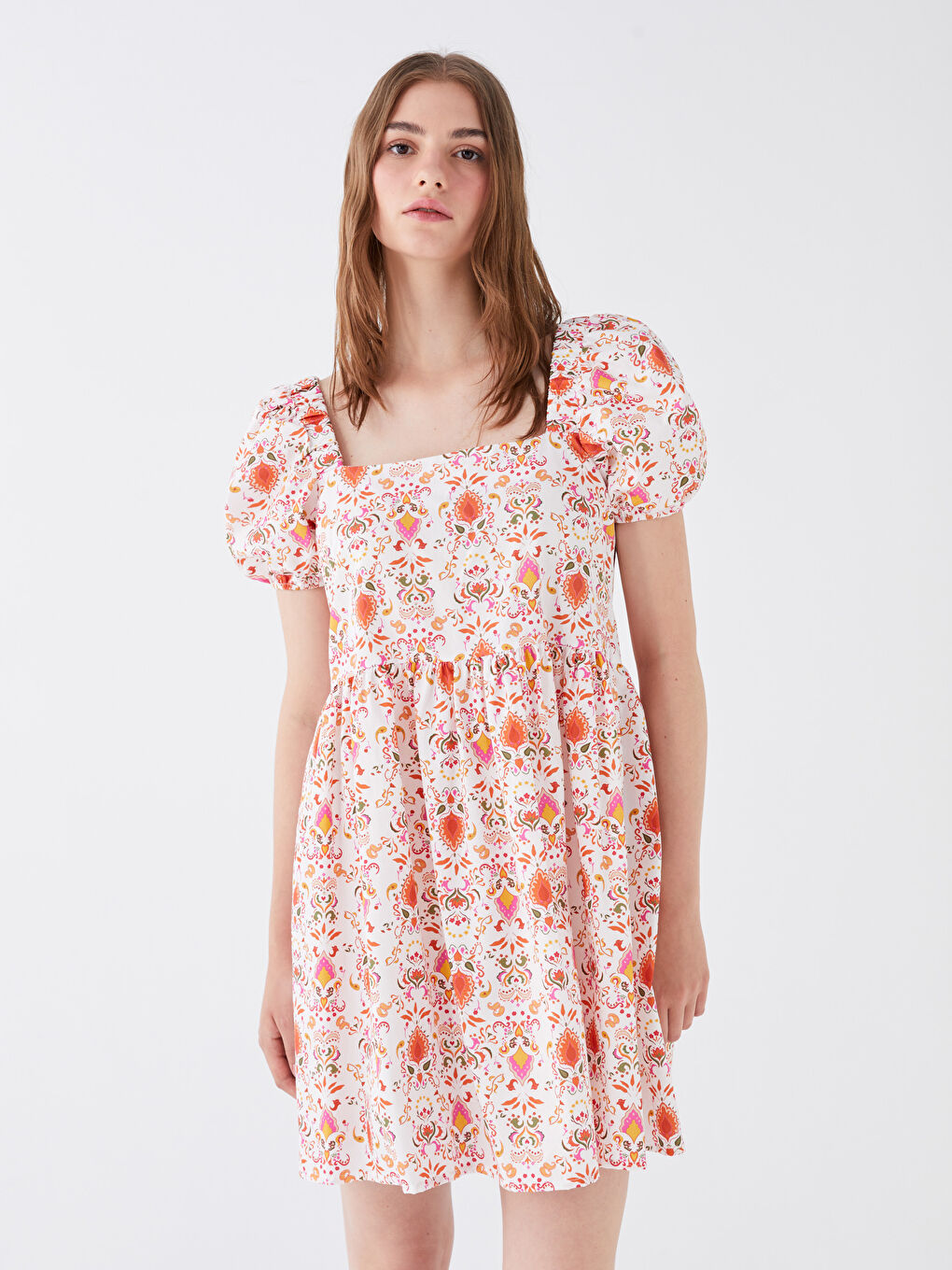 Square Neck Patterned Balloon Sleeve Poplin Women's Dress -S3HB69Z8-V5J