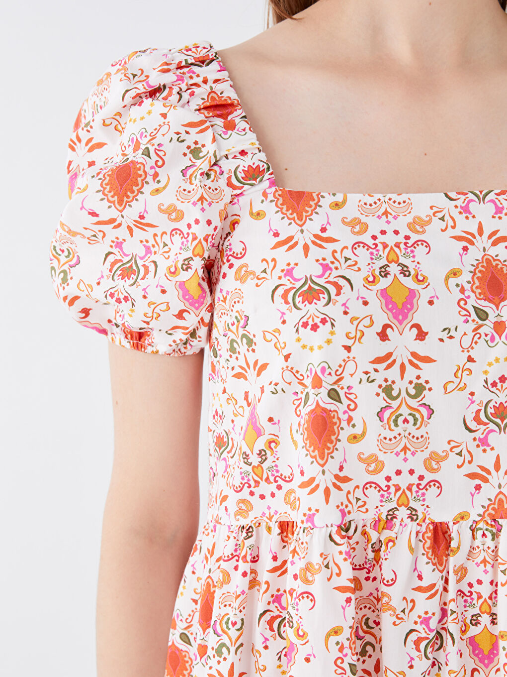 Square Neck Patterned Balloon Sleeve Poplin Women's Dress -S3HB69Z8-V5J