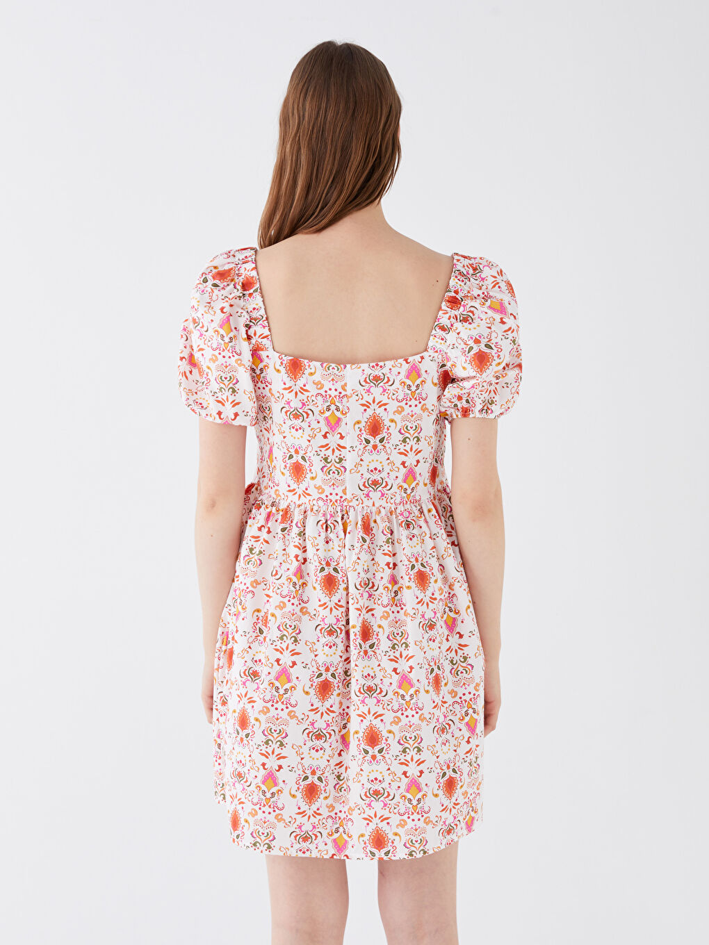 Square Neck Patterned Balloon Sleeve Poplin Women's Dress -S3HB69Z8-V5J