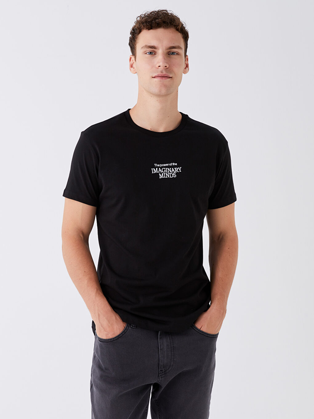 Siyah Bisiklet Yaka Kısa Kollu Baskılı Penye Erkek Tişört