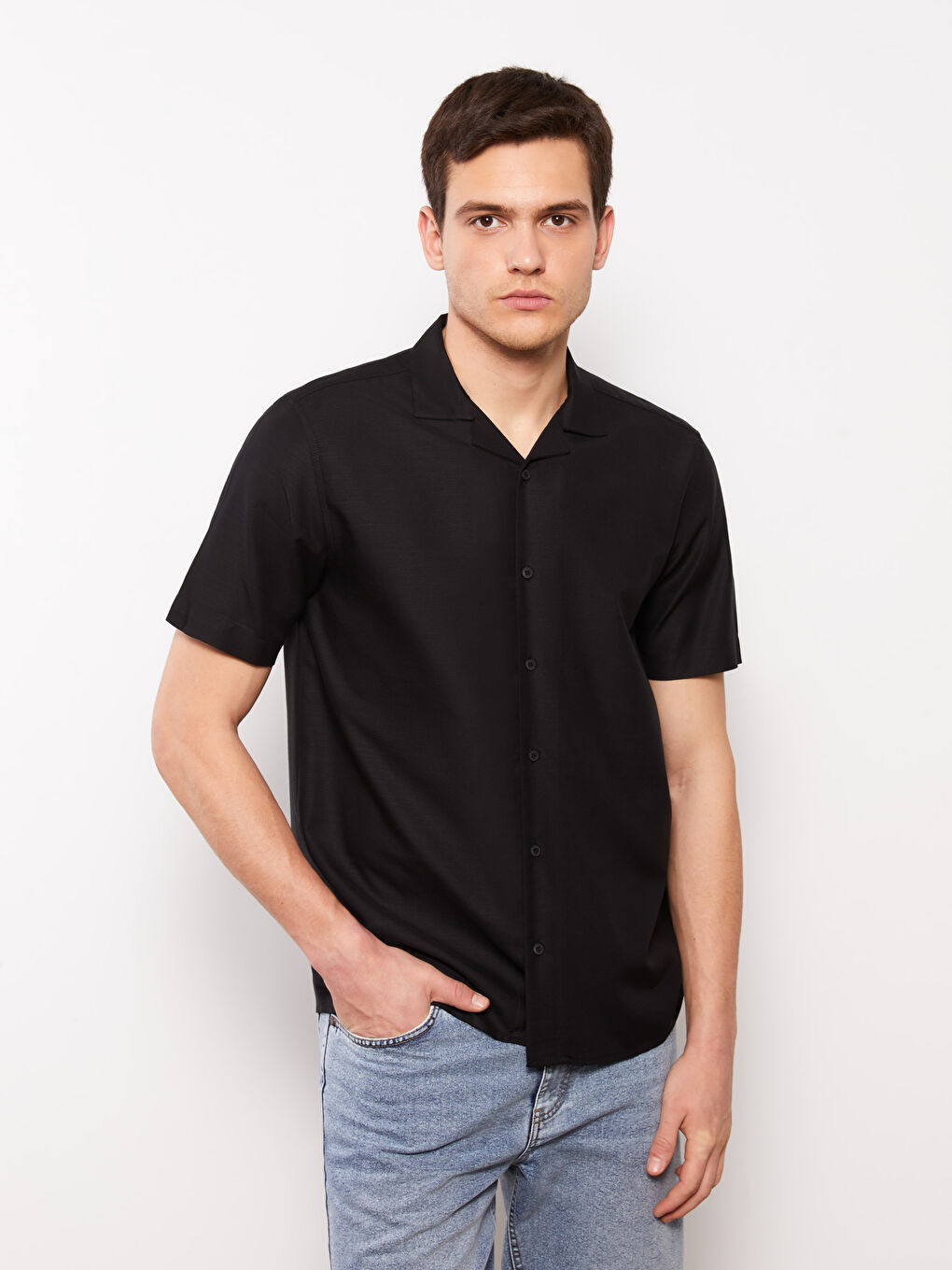 Siyah Regular Fit Kısa Kollu Poplin Erkek Gömlek