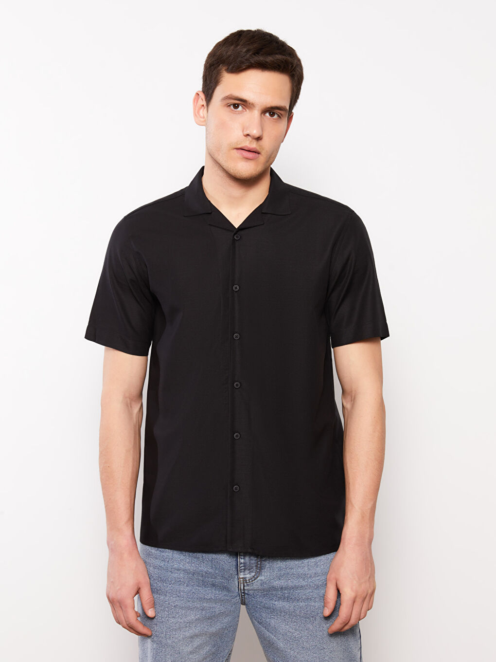 Siyah Regular Fit Kısa Kollu Poplin Erkek Gömlek-1