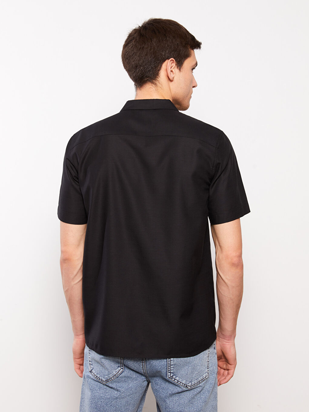 Siyah Regular Fit Kısa Kollu Poplin Erkek Gömlek-4