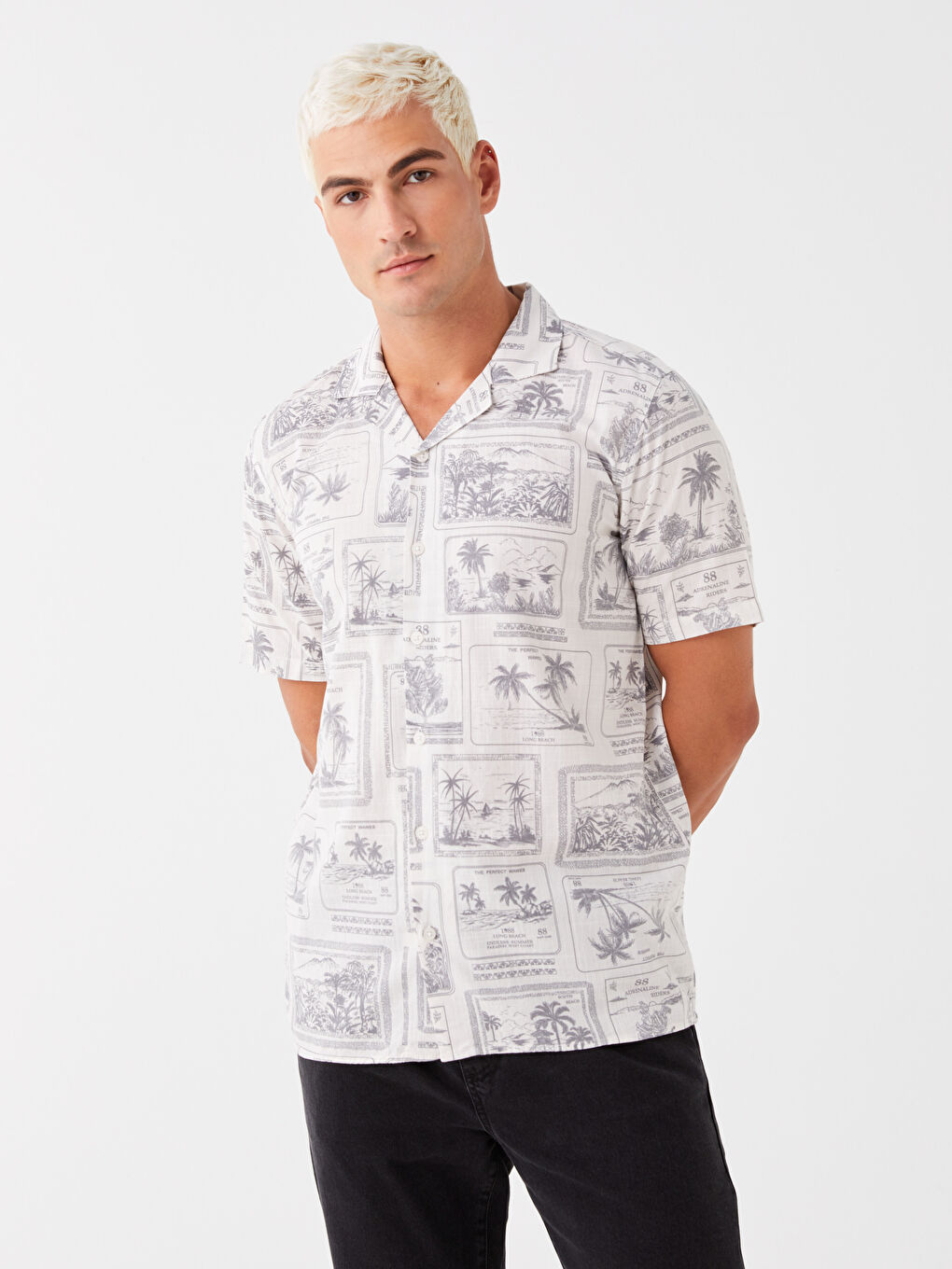 Regular Fit Short Sleeve Patterned Poplin Men's Shirt