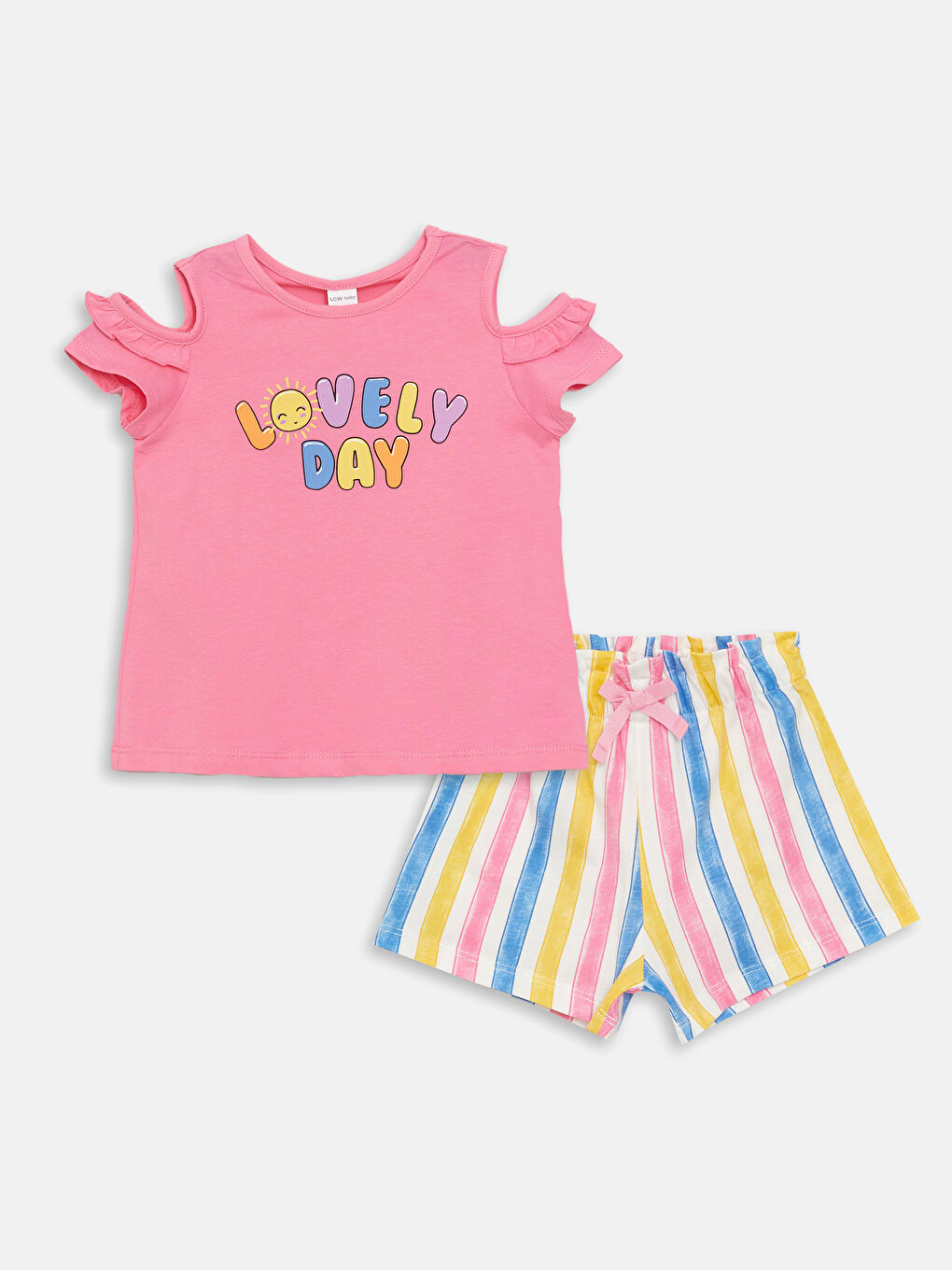 Pembe Bisiklet Yaka Kız Bebek Tişört ve Şort 2'li Takım