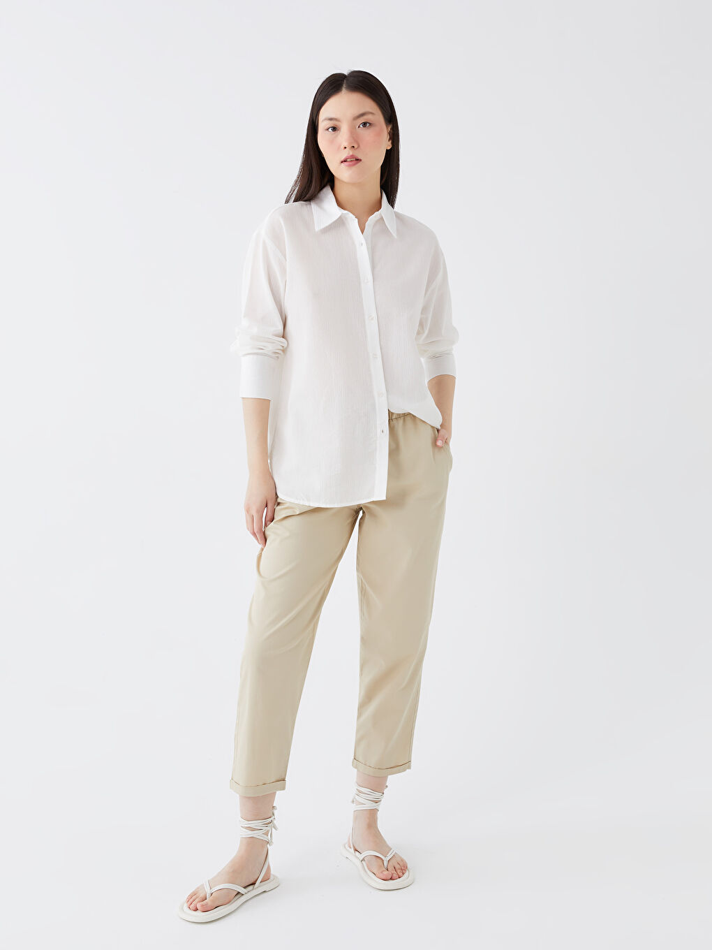 Bej Rahat Kalıp Düz Gabardin Kadın Pantolon-1