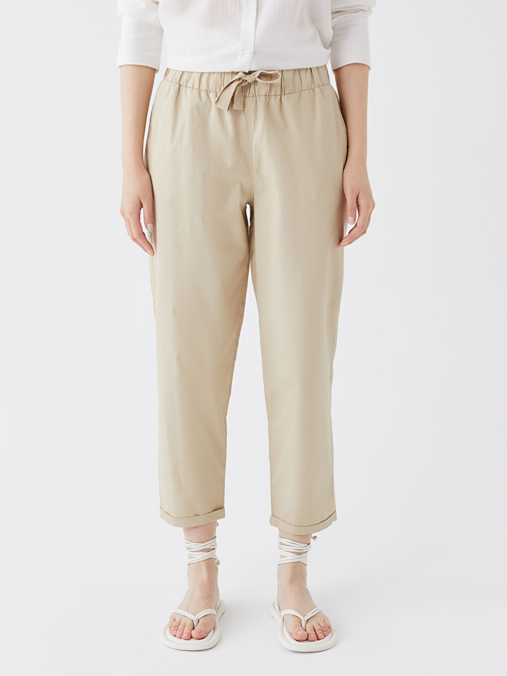 Bej Rahat Kalıp Düz Gabardin Kadın Pantolon-2