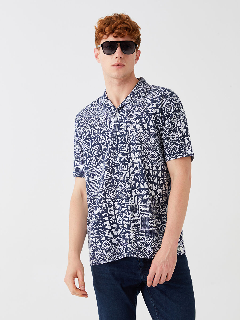 Lacivert Regular Fit Kısa Kollu Desenli Poplin Erkek Gömlek