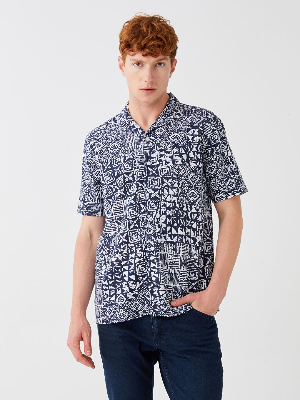 Lacivert Regular Fit Kısa Kollu Desenli Poplin Erkek Gömlek-1