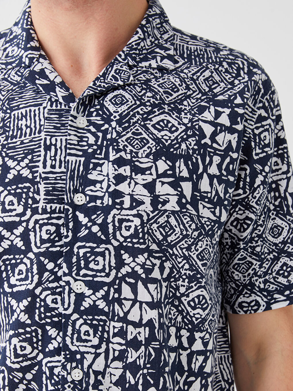 Lacivert Regular Fit Kısa Kollu Desenli Poplin Erkek Gömlek-3