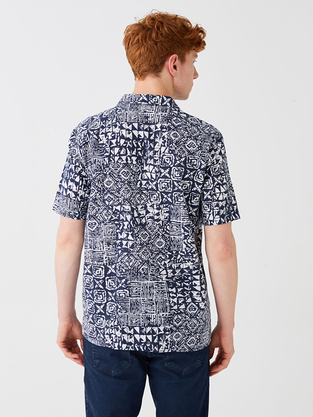 Lacivert Regular Fit Kısa Kollu Desenli Poplin Erkek Gömlek-4