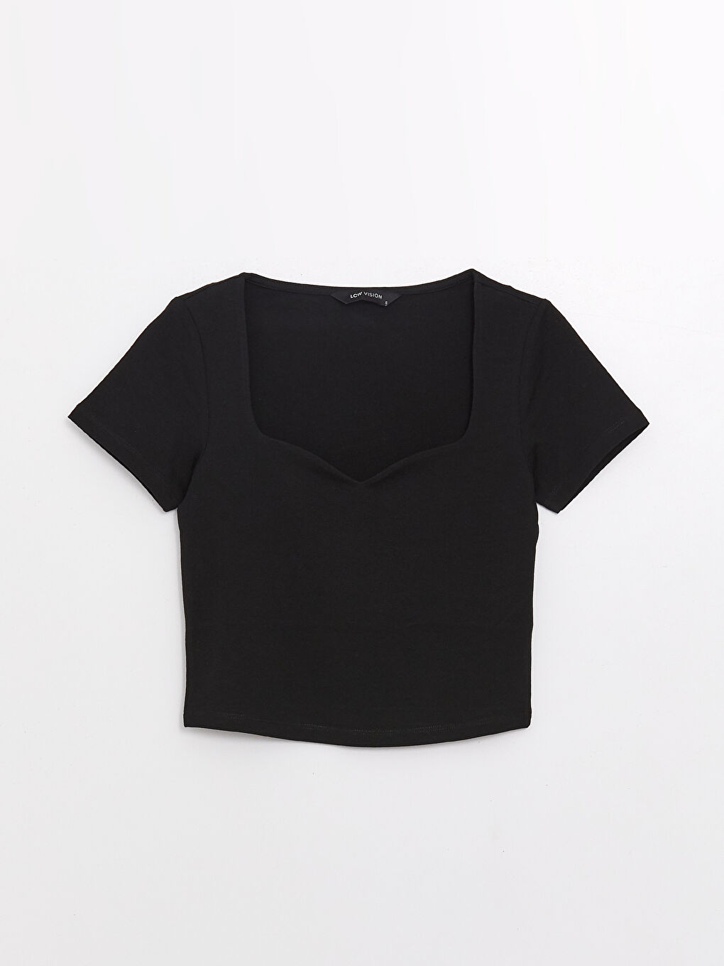 Siyah Kalp Yaka Düz Kısa Kollu Kadın Crop-5