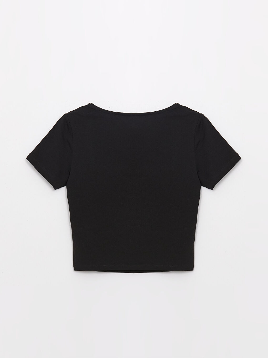 Siyah Kalp Yaka Düz Kısa Kollu Kadın Crop-6