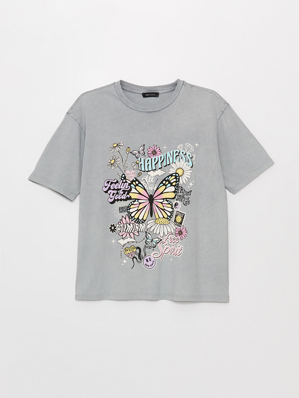 Gri Bisiklet Yaka Baskılı Kısa Kollu Oversize Kadın Tişört-5