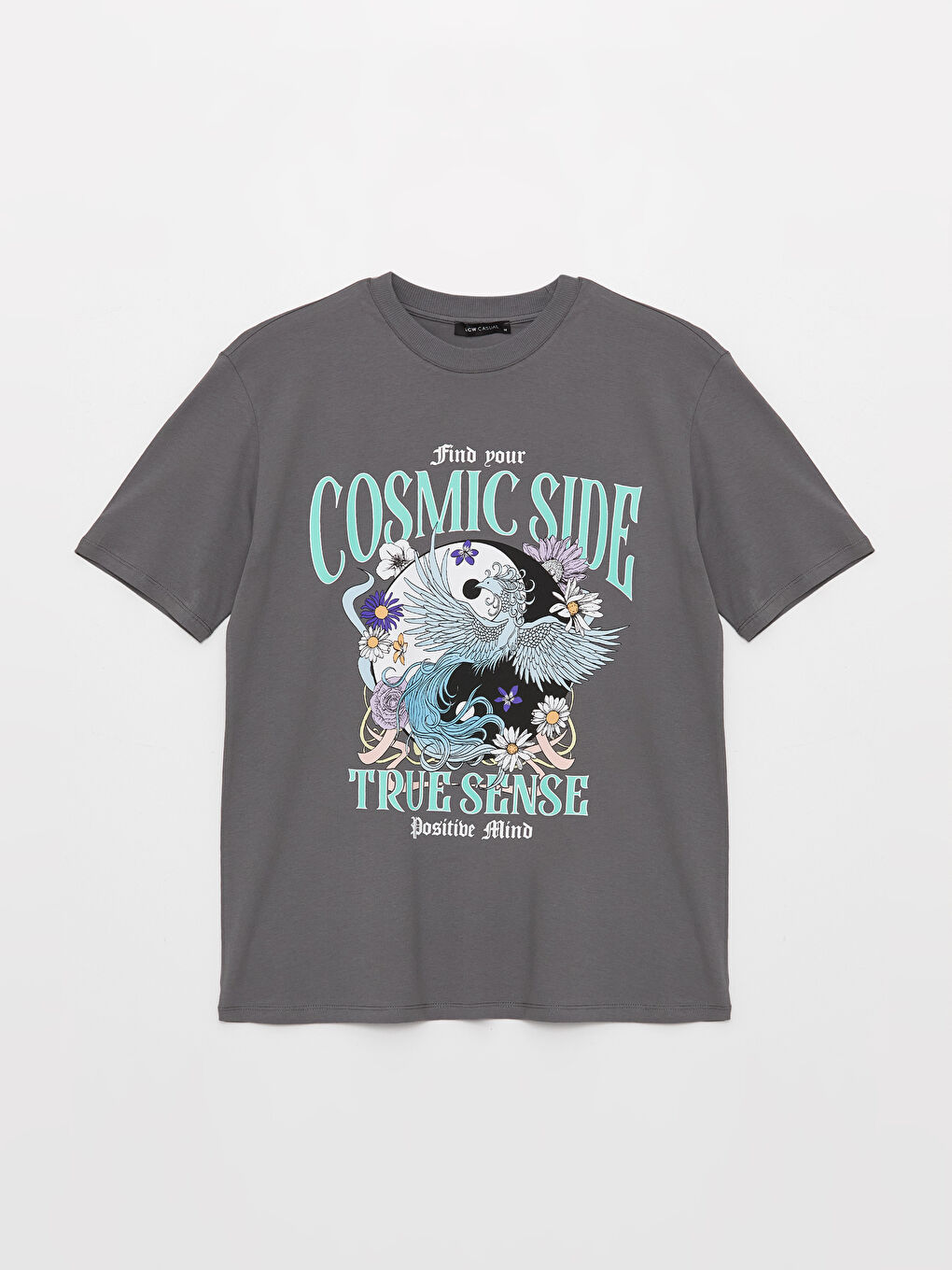 Gri Bisiklet Yaka Baskılı Kısa Kollu Oversize Kadın Tişört-5